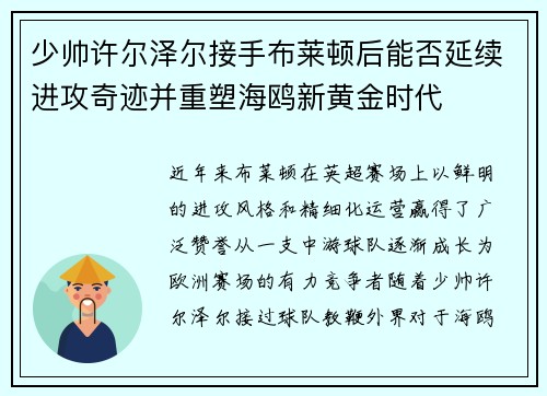 少帅许尔泽尔接手布莱顿后能否延续进攻奇迹并重塑海鸥新黄金时代