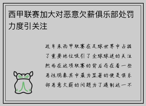西甲联赛加大对恶意欠薪俱乐部处罚力度引关注