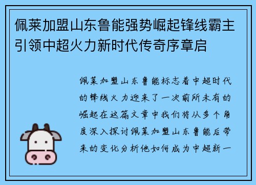 佩莱加盟山东鲁能强势崛起锋线霸主引领中超火力新时代传奇序章启