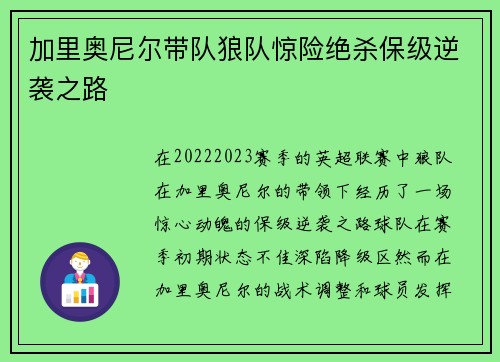 加里奥尼尔带队狼队惊险绝杀保级逆袭之路